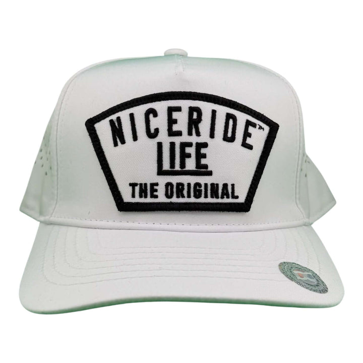 NICERIDE "Grinder" cap featuring a waterproof design, snapback closure, and laser-cut mesh back.