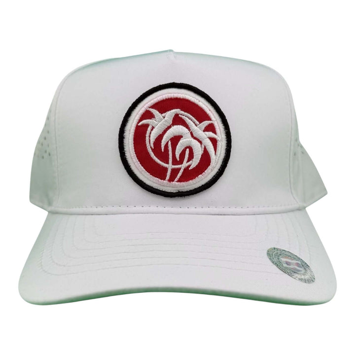 NICERIDE Rojo Negro 5-Panel Performance Golf Trucker Cap featuring palm tree embroidery.