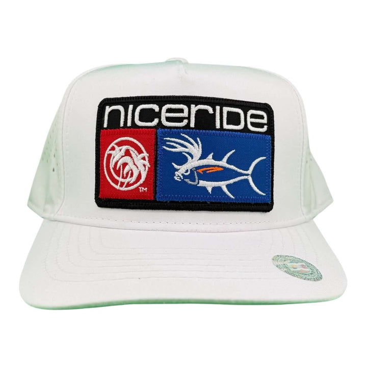 NICERIDE Buck-Eye Patch 5-Panel Performance Fishing Trucker Cap with embroidered logo design.