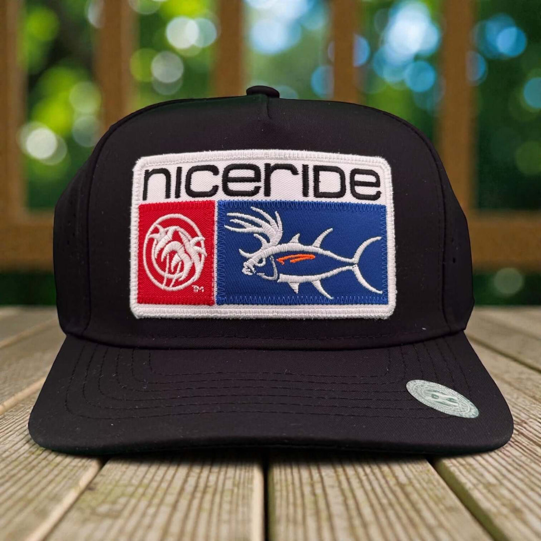 NICERIDE cap featuring embroidered logo on a black trucker style hat, ideal for outdoor fishing and golf activities.