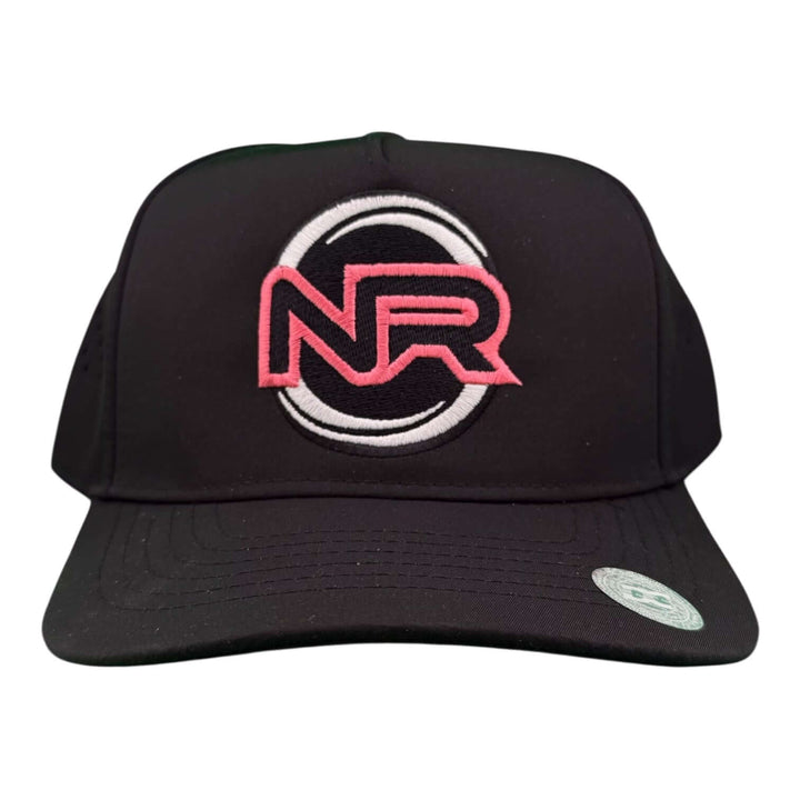 “Whole Heart” cap featuring NR logo, black fabric, perfect for golf and outdoor activities.