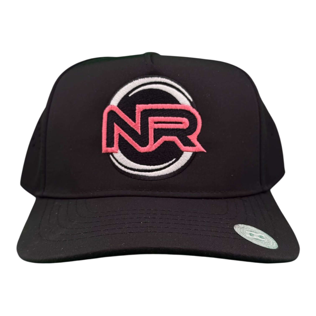 Whole Heart embroidered cap featuring NR logo on a black trucker design with pink accents for performance wear.