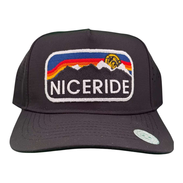 NICERIDE Glacier embroidered 5-panel performance golf trucker cap featuring a mountain design and snapback closure.