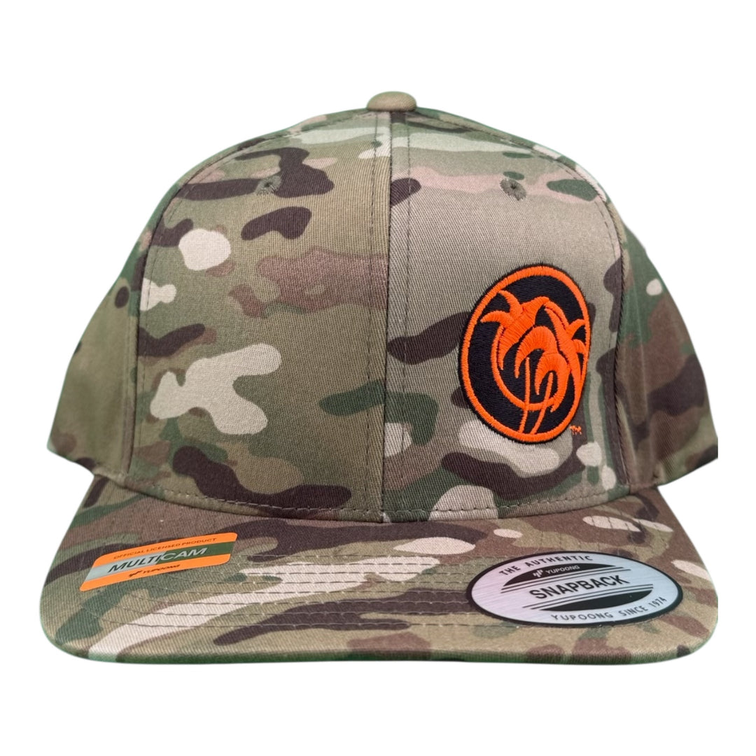 ROJO 6089 unisex adjustable multicam trucker hat with embroidered logo in orange on front panel