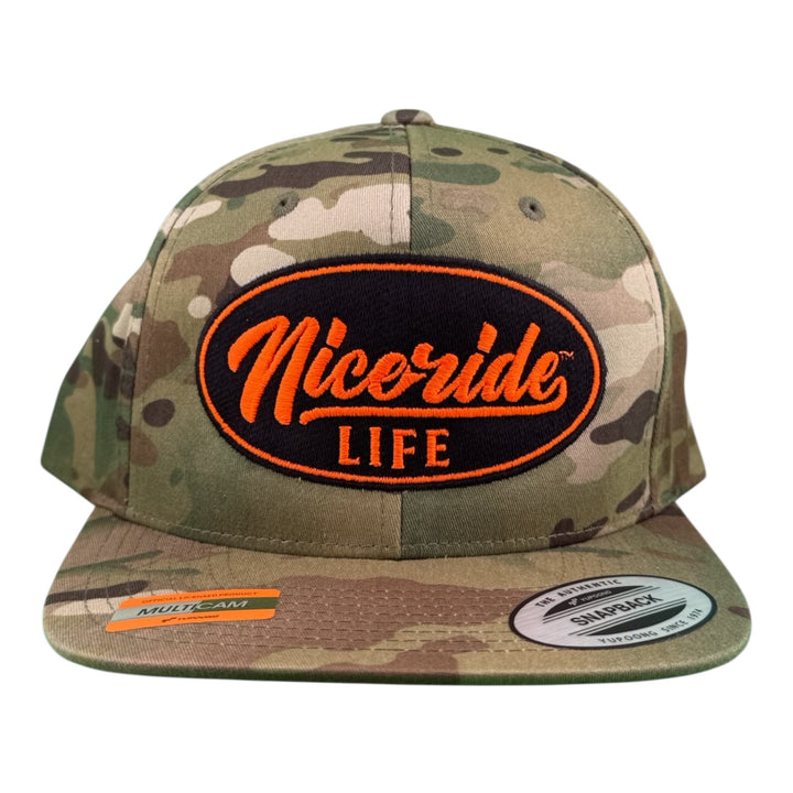NICERIDE "HORSEPOWER" unisex adjustable Multicam trucker hat with embroidered logo.