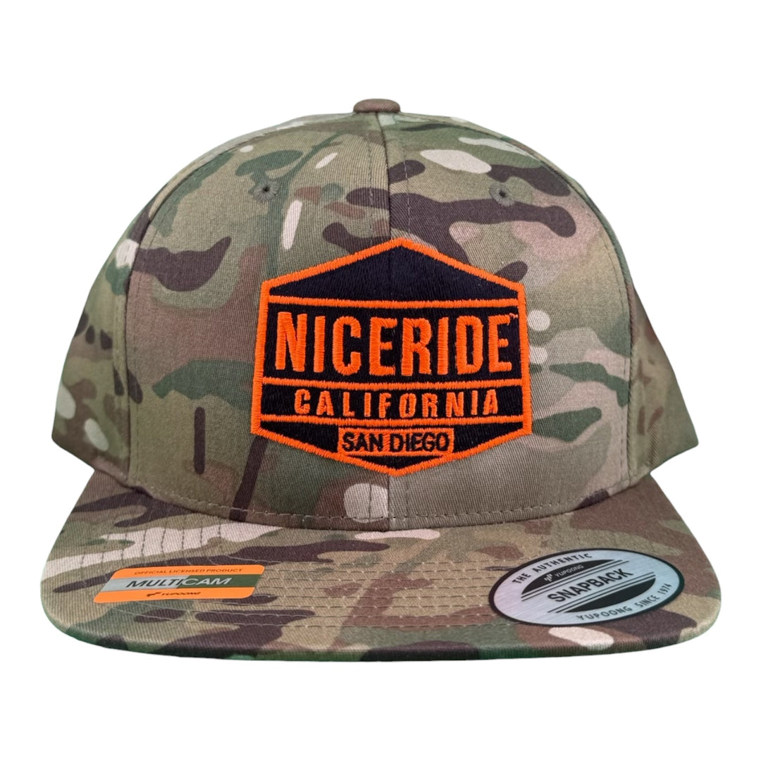 NICERIDE Multicam adjustable trucker hat showcasing 'CALIFORNIA SAN DIEGO' logo on front, perfect for outdoor activities.