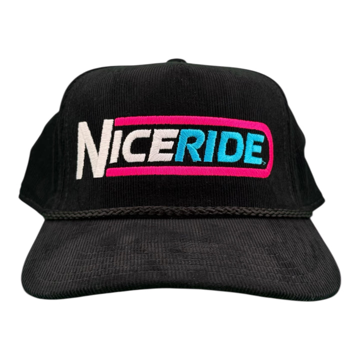 Niceride corduroy 5 panel snapback baseball cap in black with colorful logo, perfect for outdoor adventures and street style.