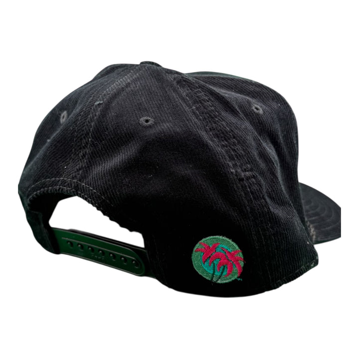 Back view of THE TUBE Corduroy OTTO CAP 5 Panel Snapback Baseball Cap featuring palm tree embroidery.