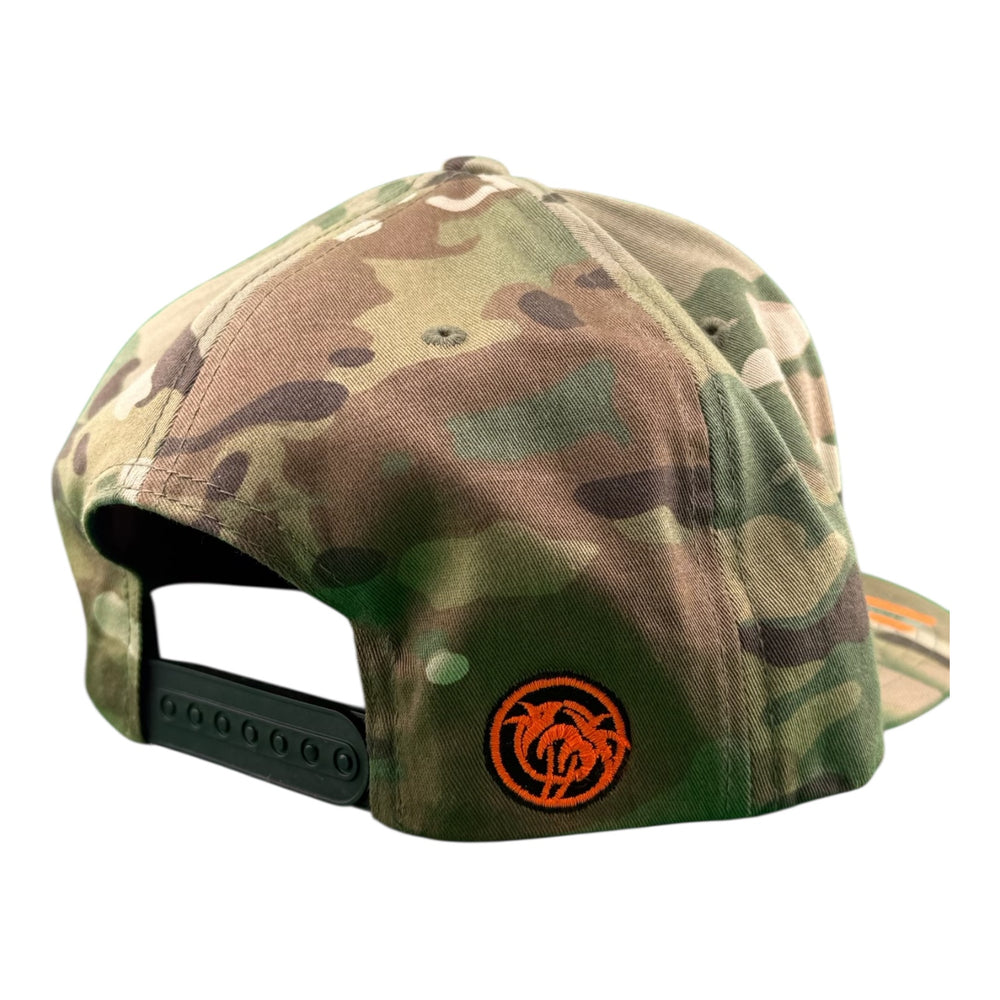 Back view of NICERIDE “HALF PIPE” 6089 Unisex Adjustable Multicam Trucker Hat showcasing logo and camo design.