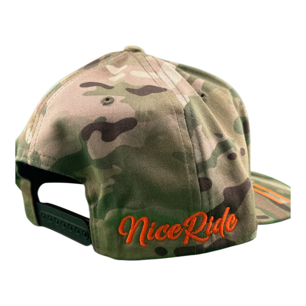 Back view of the MOE DOE 6089 unisex adjustable multicam trucker hat featuring the NiceRide logo.
