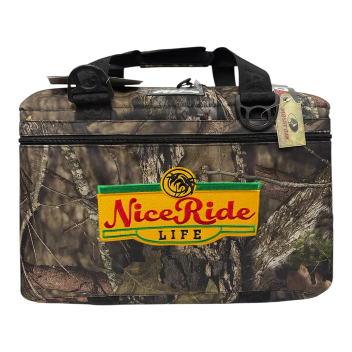 NICERIDE BUBBLE WATER Mossy Oak cooler with logo, soft-sided, heavy-duty, 36-can capacity, perfect for outdoor adventures.