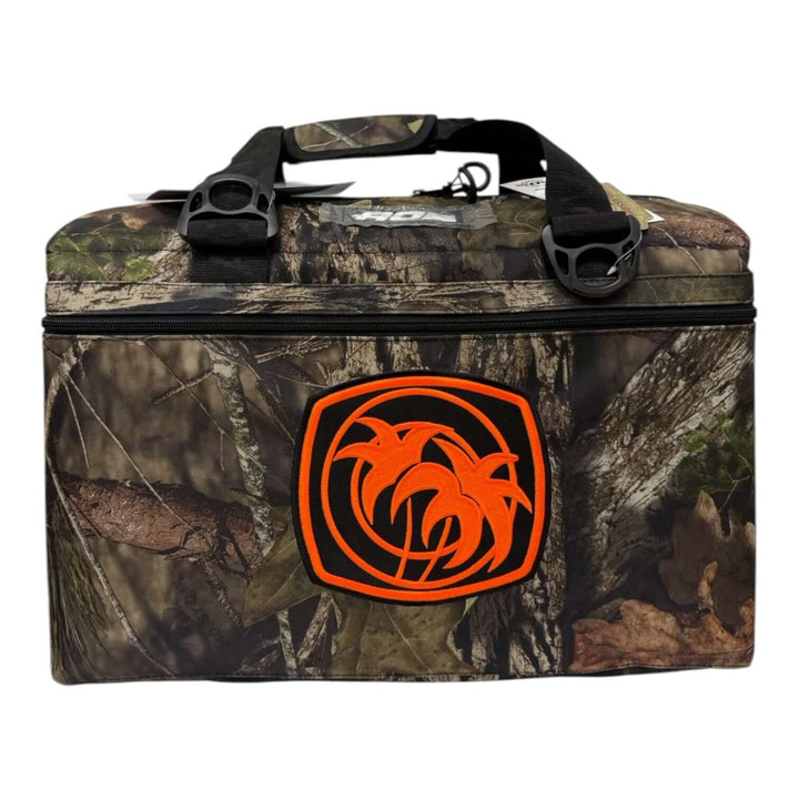 Moe Doe Soft-Sided AO Cooler showcasing heavy-duty insulated design and embroidered logo on a camo pattern.