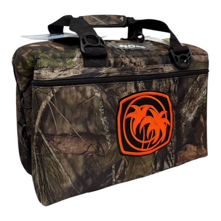 Moe Doe Soft Sided Cooler with Mossy Oak design and embroidered logo, perfect for outdoor adventures.