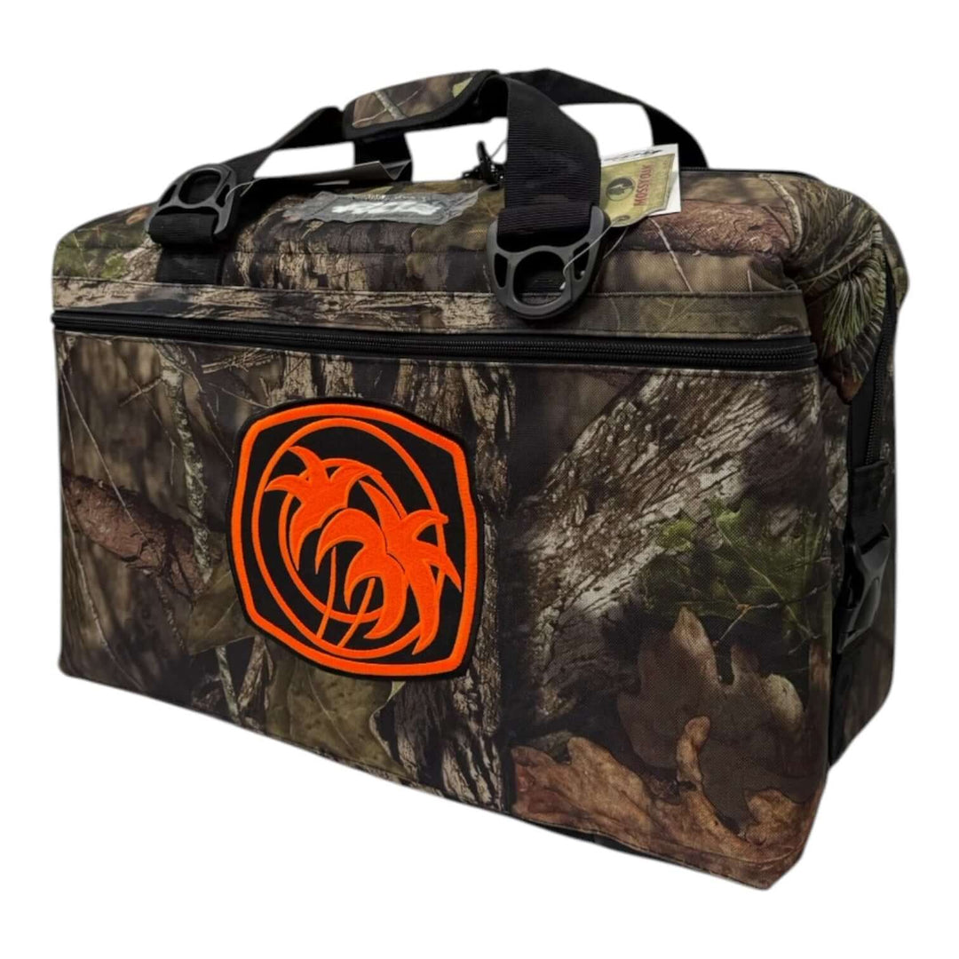 Moe Doe Soft Sided Mossy Oak AO Cooler for 36 cans with orange logo on camouflage design.