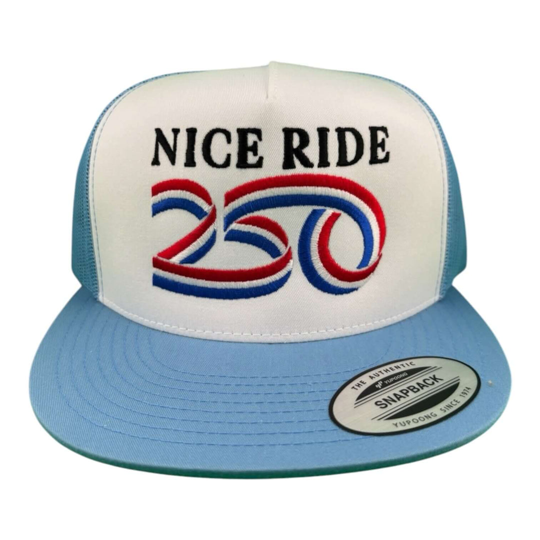Unisex adjustable trucker Hat with embroidered "NICE RIDE 250" design in red, white, and blue colors.