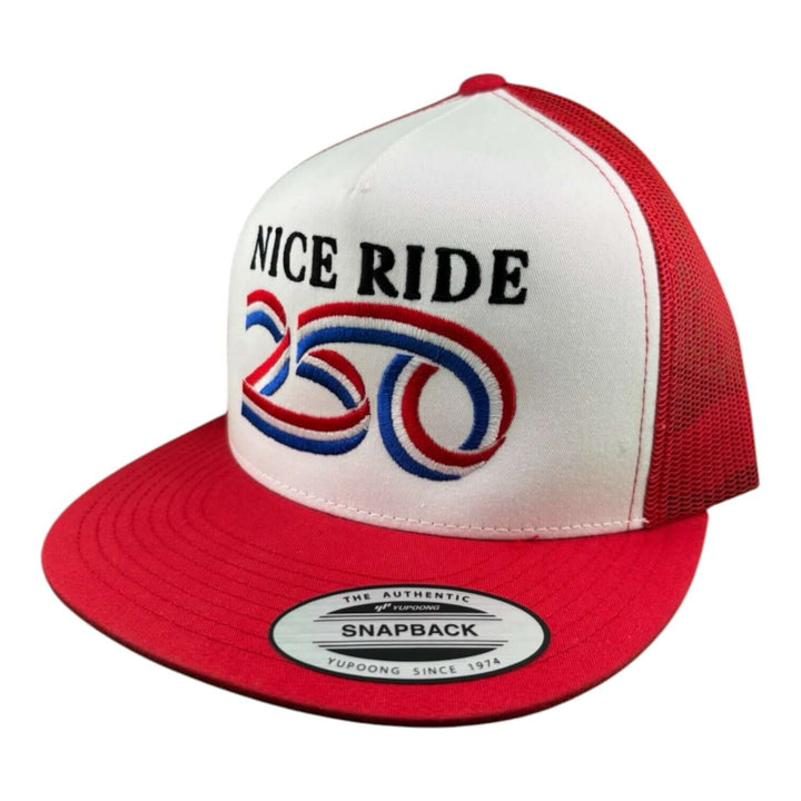 250” 6006 Unisex Adjustable Trucker Hat featuring embroidered design, celebrating America’s 250th birthday.
