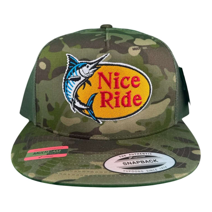 NICERIDE unisex trucker hat with bold embroidery and camouflage design, perfect fishing cap for outdoor enthusiasts.