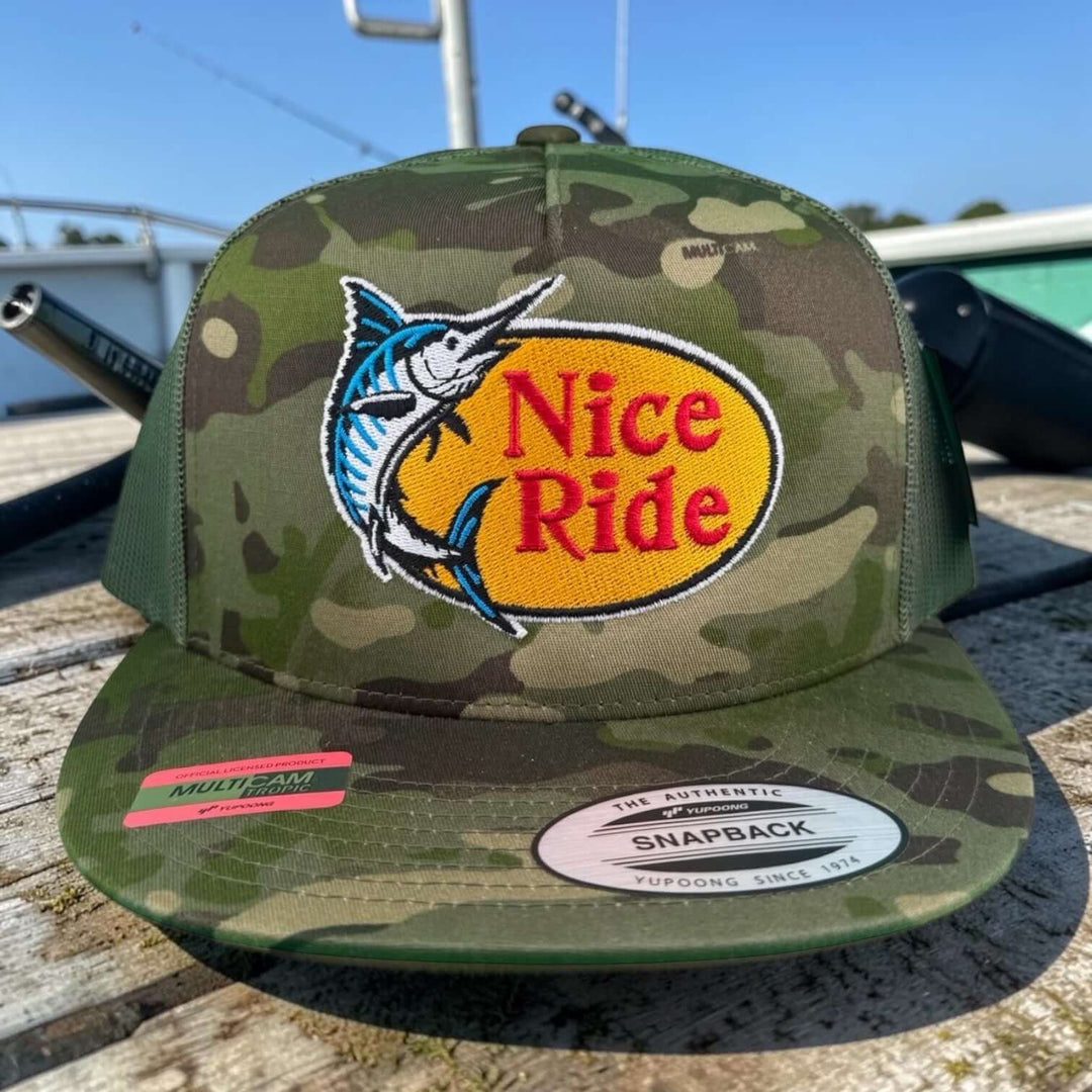 NICERIDE “Top Water” Hat in camo design with embroidered logo, perfect for fishing and outdoor activities.