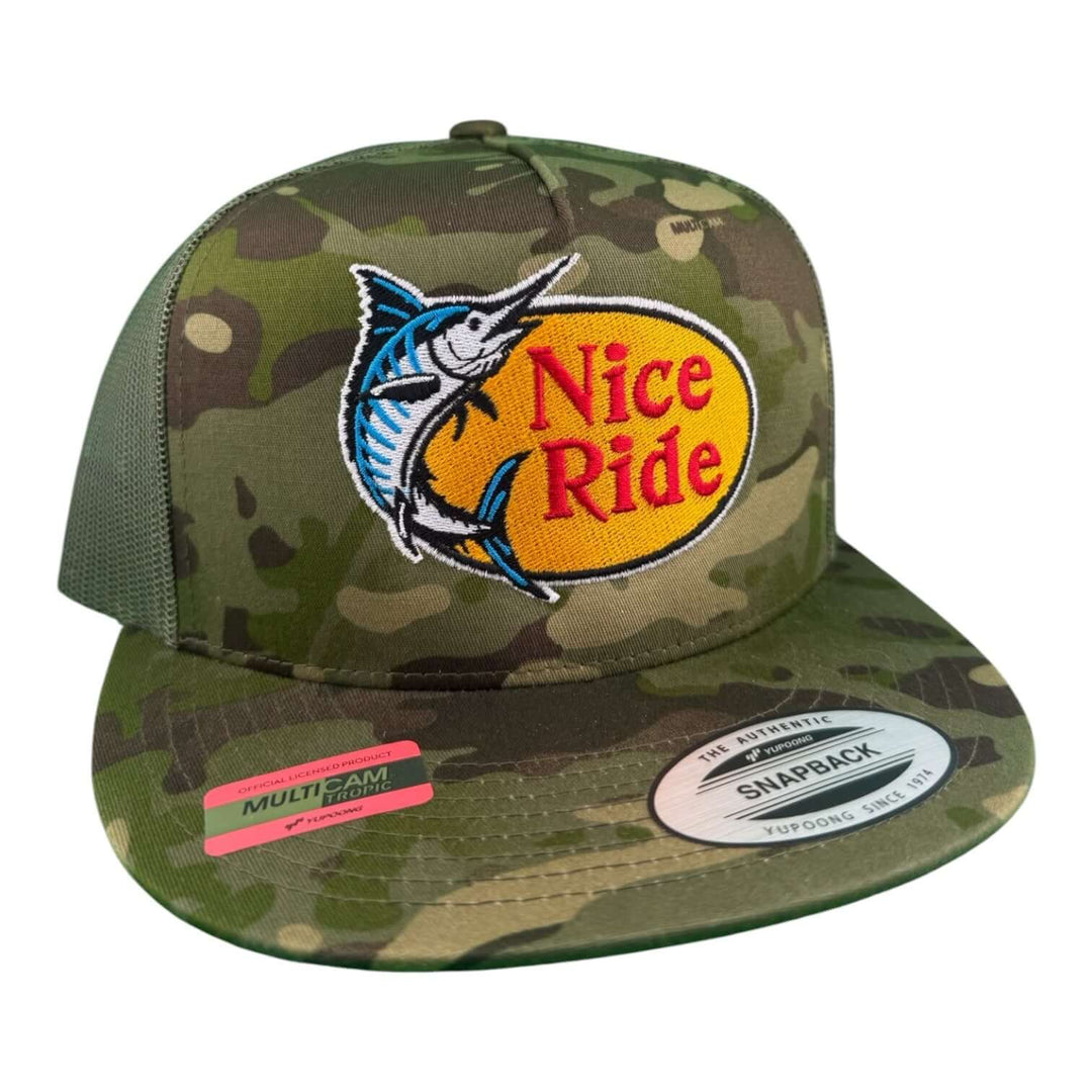 NICERIDE unisex trucker hat featuring bold "Nice Ride" embroidery and camo design, perfect for fishing and outdoor activities.