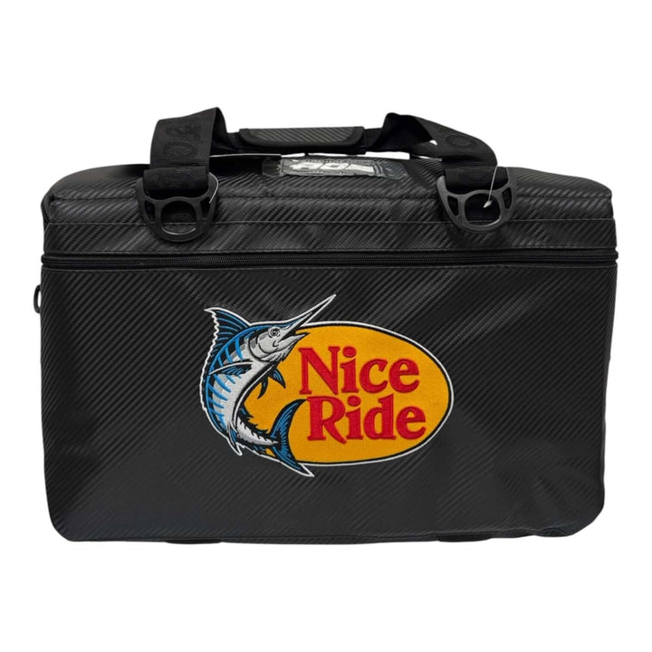 NICERIDE Top Water soft sided cooler with a sleek carbon design and a vibrant logo.