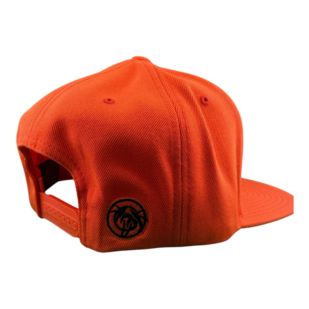 Rear view of the NICERIDE Top Water 6089 adjustable snapback trucker hat in vibrant orange color.