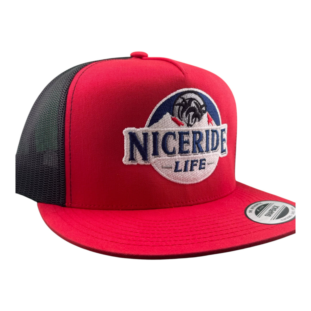 NICERIDE “Nice Ice” 6006 Classic Snapback Trucker Hat - Embroidered Hat with red front and meshback design.