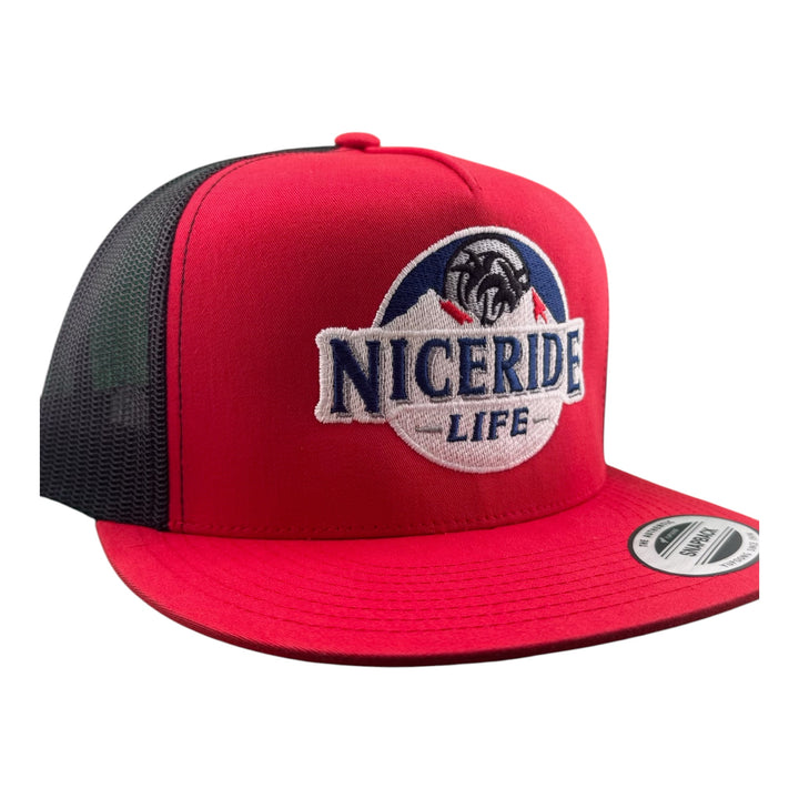 NICERIDE “Nice Ice” 6006 Classic Snapback Trucker Hat - Embroidered Hat with red front and meshback design.