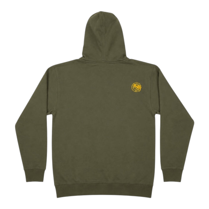 Back view of the NICERIDE "Top Water" Pullover Hoodie in olive green, unisex design for fishing and outdoor activities.