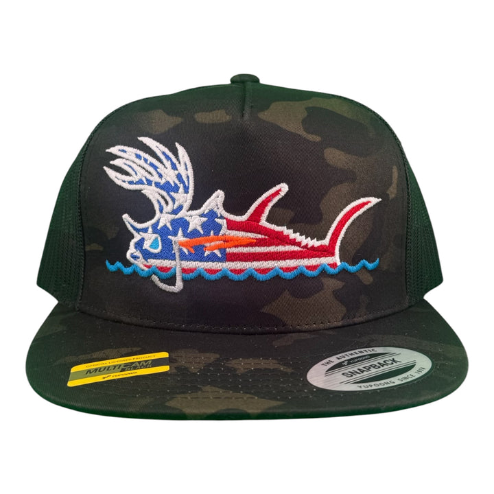 NICERIDE Buck-Eye Surface Glory 6006 unisex trucker hat with embroidered American fish design.
