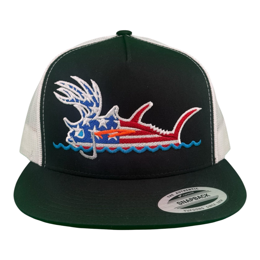NICERIDE Buck-Eye Surface Glory 6006 unisex trucker hat for hunting and fishing with patriotic fish design.