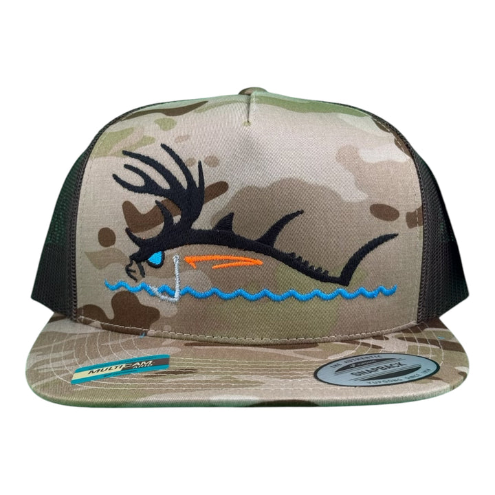 NICERIDE Buck-Eye Surface embroidered fishing hat in camo design with fish graphic, adjustable snapback.