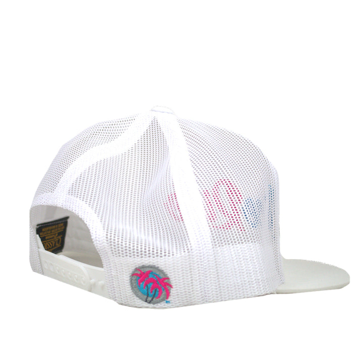 Back view of NICERIDE Signature adjustable unisex meshback trucker hat showcasing palm logo and evening glow thread design.