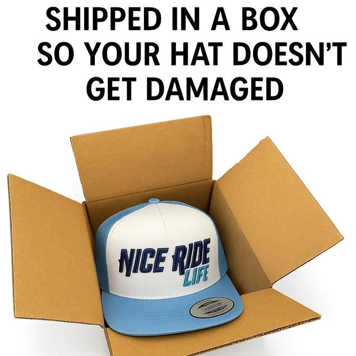Shipped in a box to keep your Hat safe, featuring a stylish NICE RIDE LIFE trucker hat in a cardboard box.