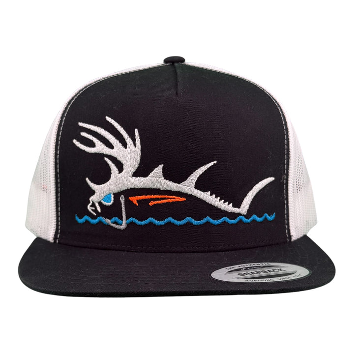 NICERIDE Buck-Eye Surface embroidered fishing hat featuring a stylish fish design on a flat bill trucker cap.