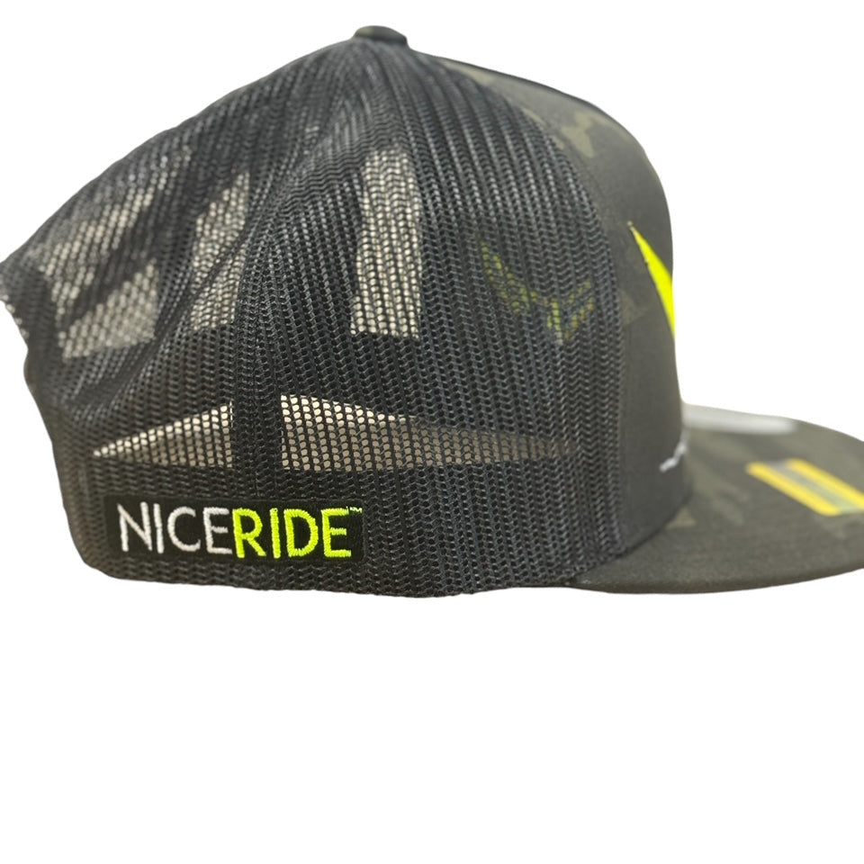 NICERIDE Tall Tails unisex trucker hat side view with mesh design and classic snapback style.