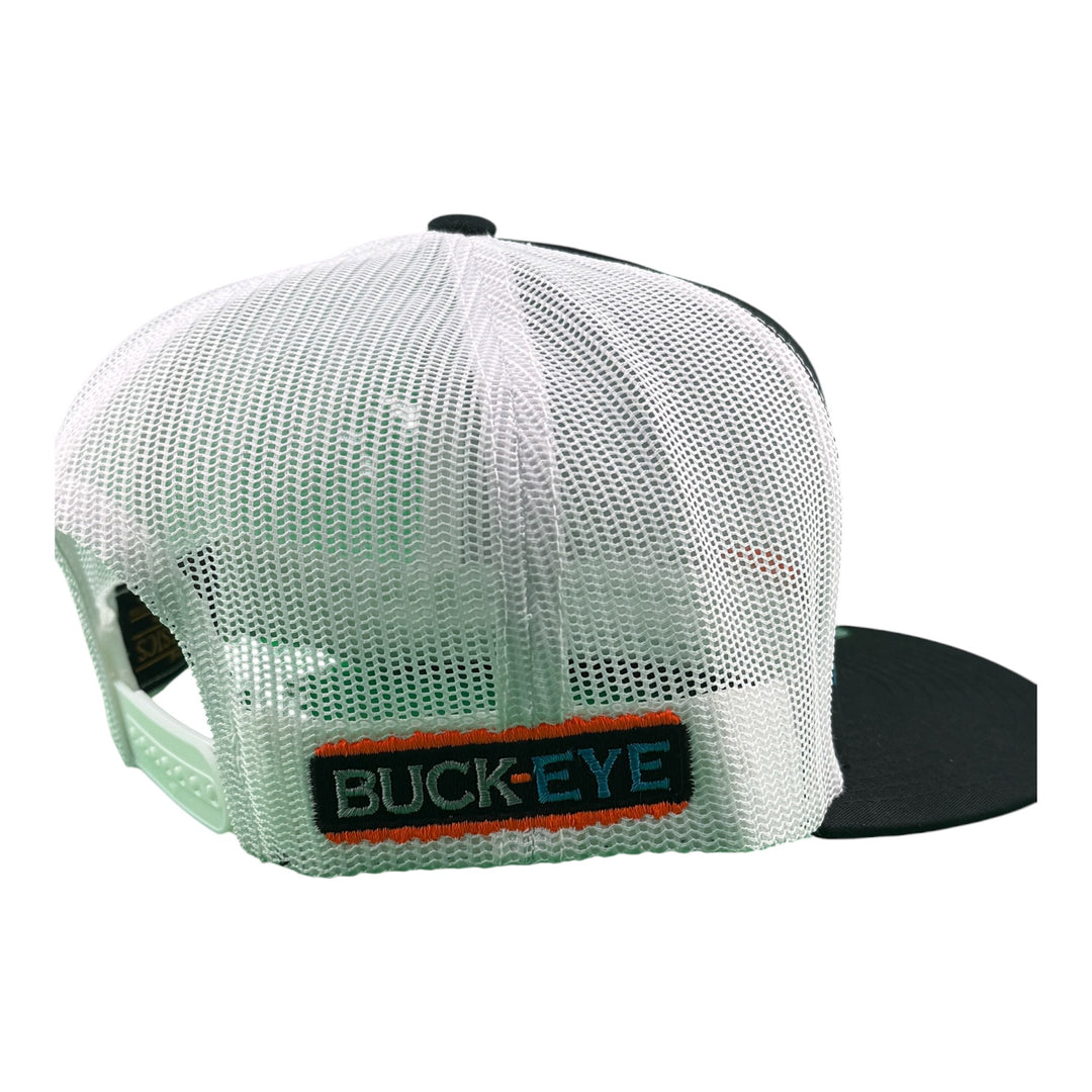 Back view of the NICERIDE Buck-Eye Surface embroidered flat bill trucker hat with adjustable snapback.