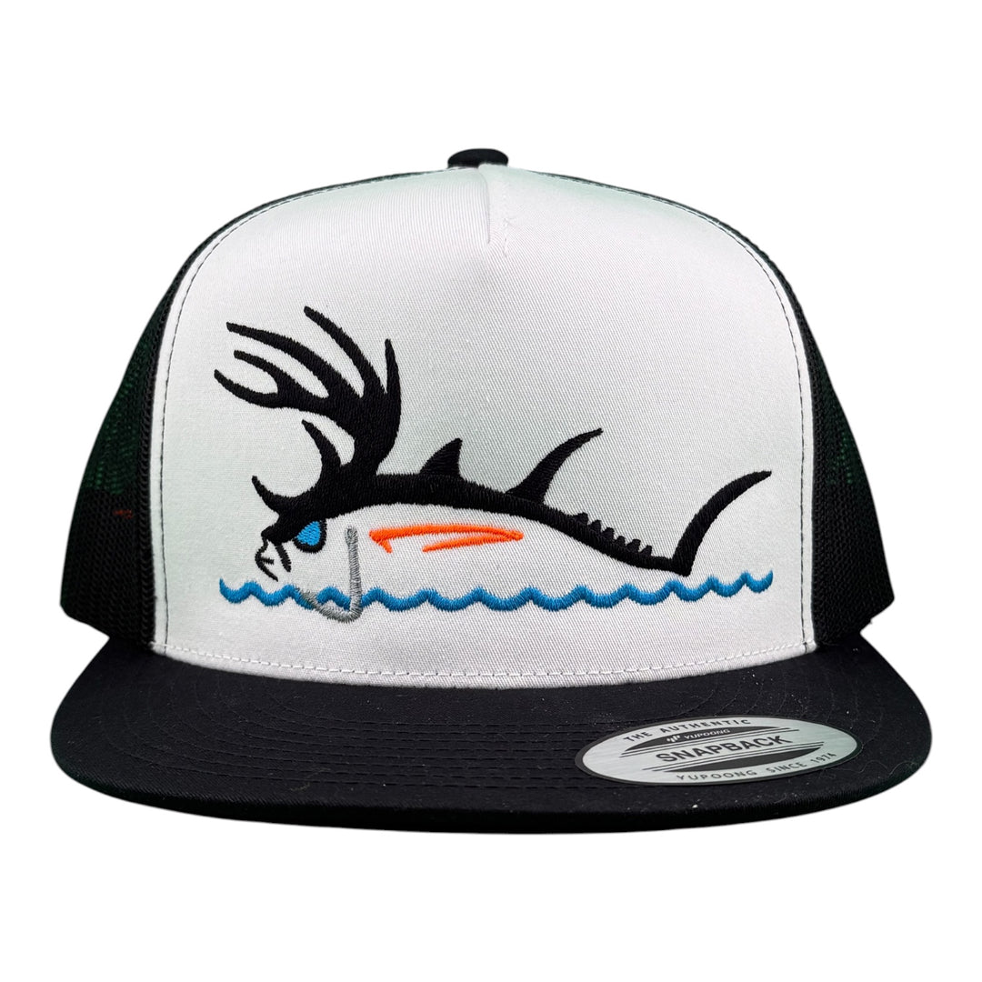 NICERIDE Buck-Eye Surface embroidered flat bill trucker hat, adjustable snapback, featuring fishing-inspired design.