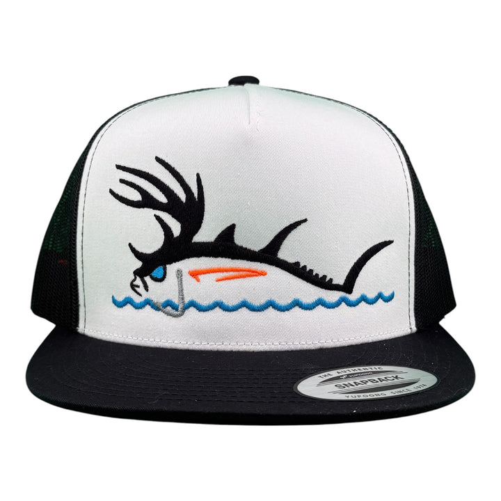 NICERIDE Buck-Eye Surface embroidered flat bill trucker hat, adjustable snapback, featuring fishing-inspired design.