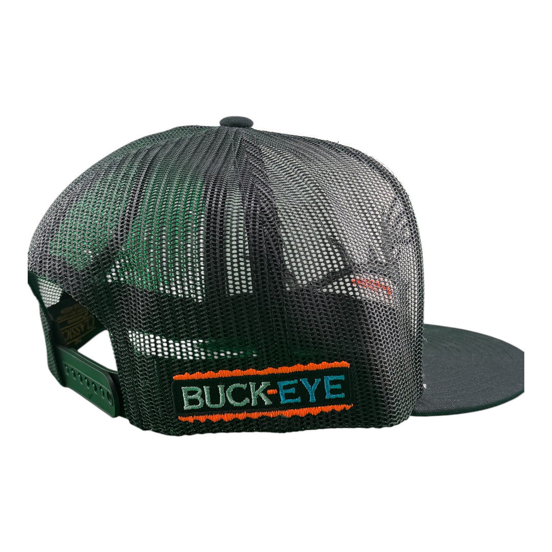 Back view of NICERIDE Buck-Eye Surface Embroidered Flat Bill Trucker Hat, showing adjustable snapback and mesh design.