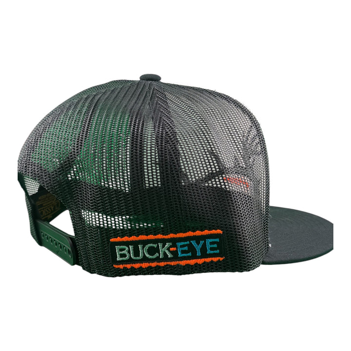 Back view of NICERIDE Buck-Eye Surface Embroidered Flat Bill Trucker Hat, showing adjustable snapback and mesh design.