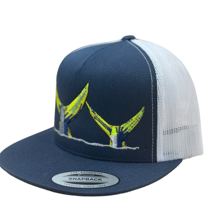 NICERIDE Tall Tails unisex trucker hat in navy blue with embroidered tail design on front.