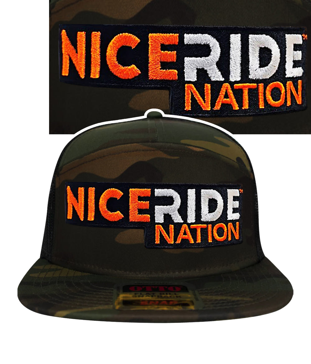 NiceRide Nation camo cap featuring bold embroidered logo, stylish and comfortable for outdoor activities.