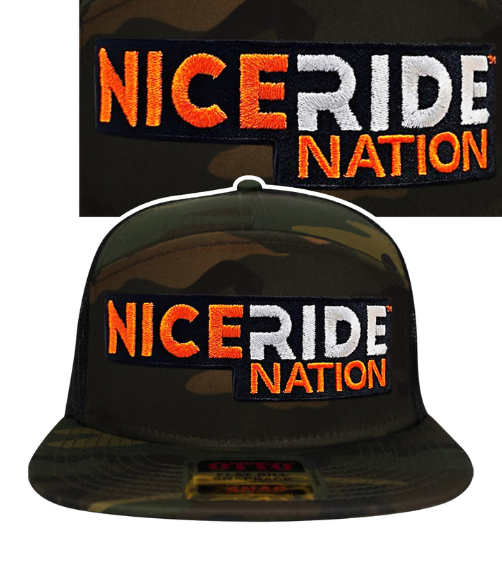 NiceRide Nation camo cap featuring bold embroidered logo, stylish and comfortable for outdoor activities.