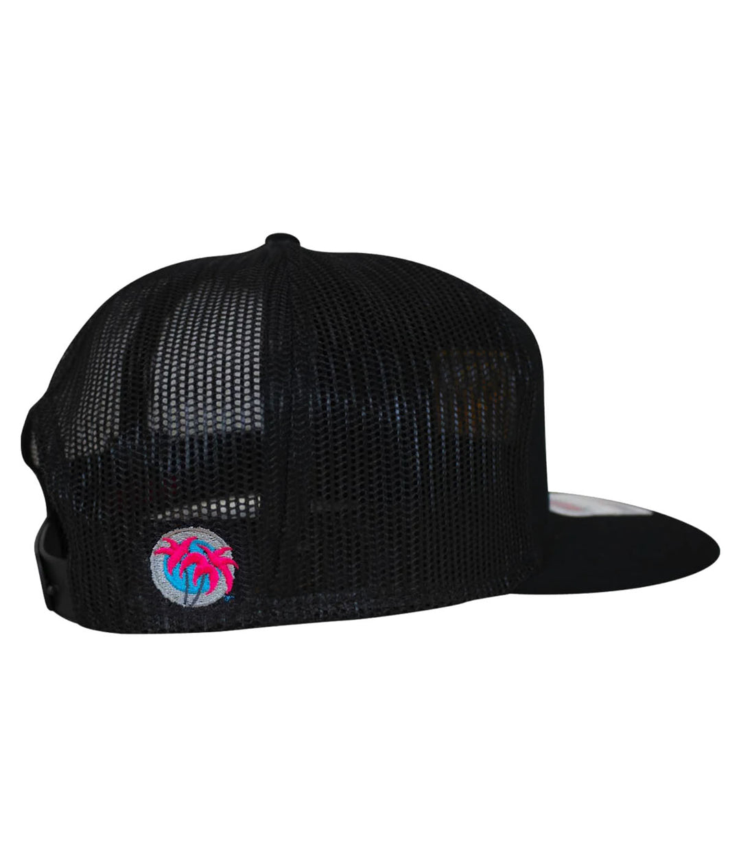 Black mesh snapback hat with colorful palm tree logo on the back.