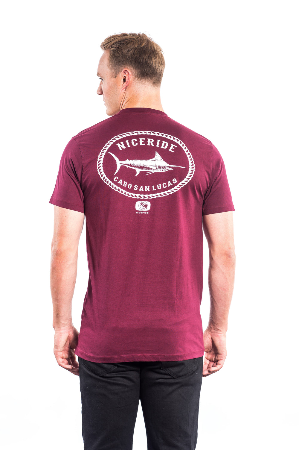 Hanes Men's 100% Cotton Short Sleeve Shirt in Maroon with NICERIDE Cabo design on the back.