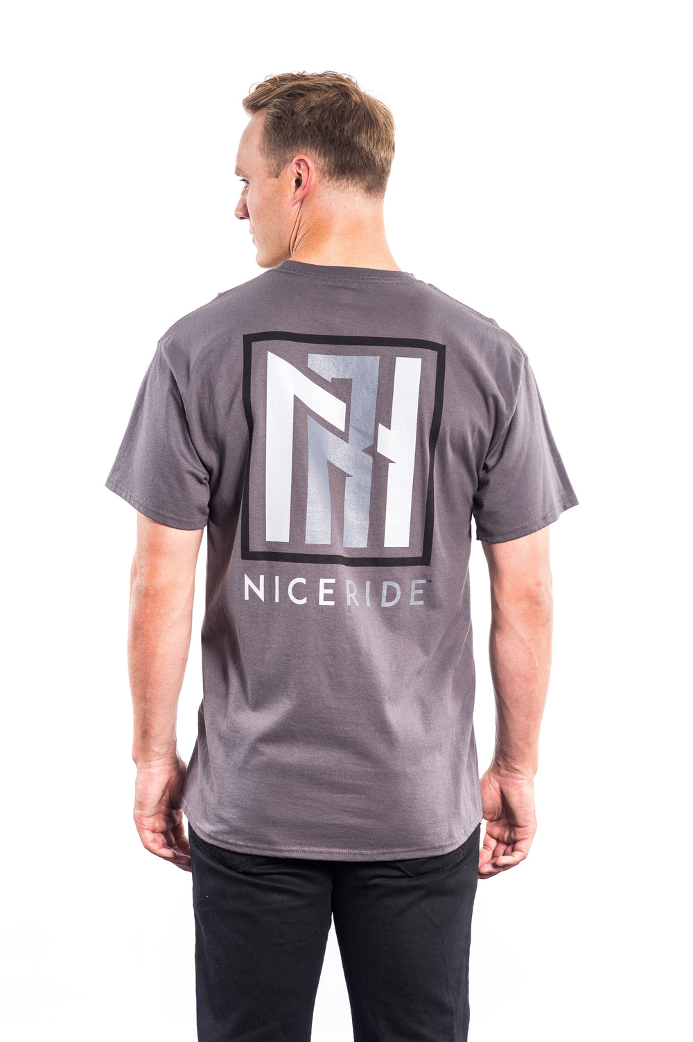 N-R Gray Hanes Men's 100% Cotton Short Sleeve Shirt with NICERIDE logo on back