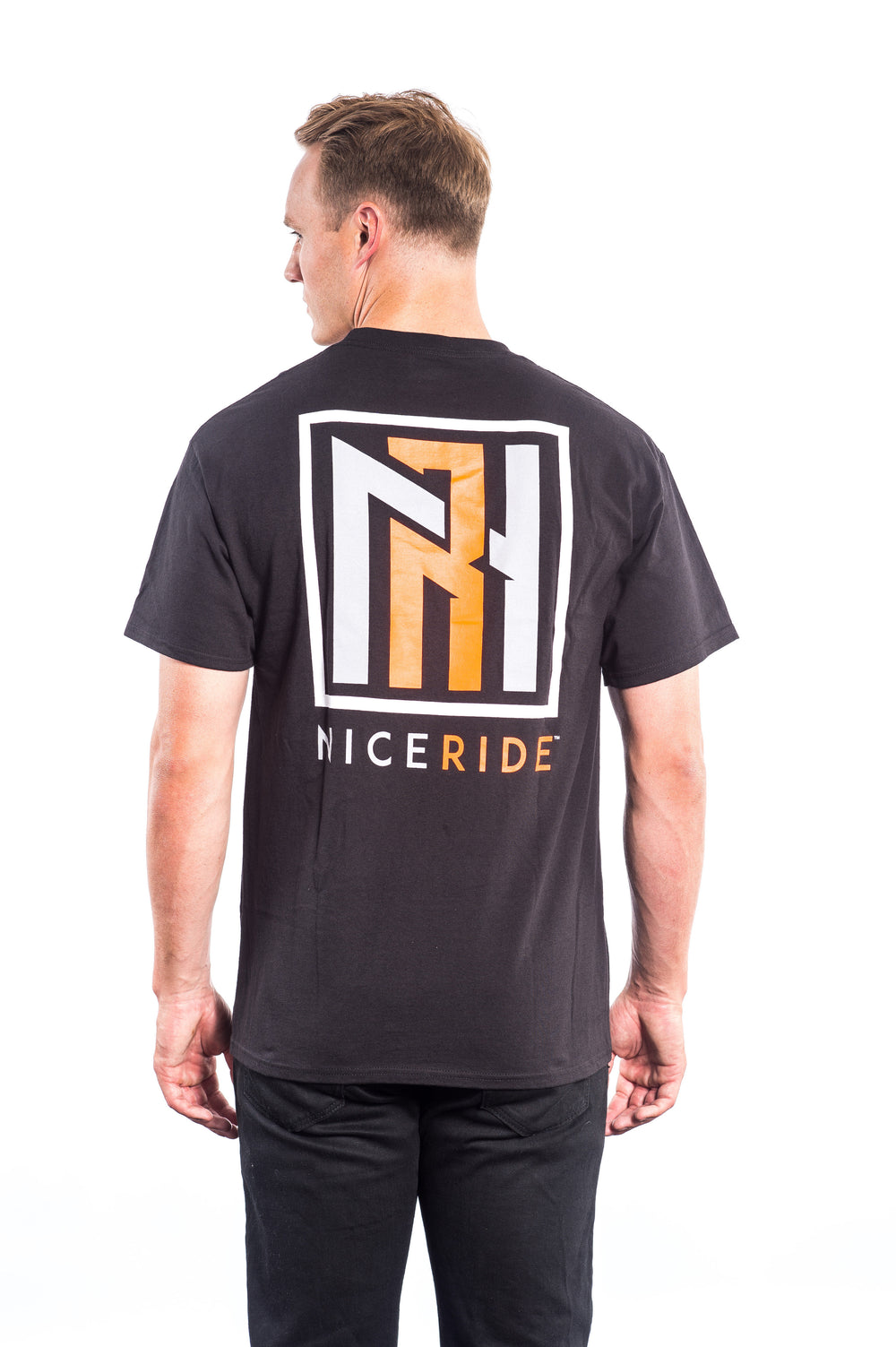 Hanes men's 100% cotton short sleeve shirt with NICERIDE logo in neon orange and silver on back.