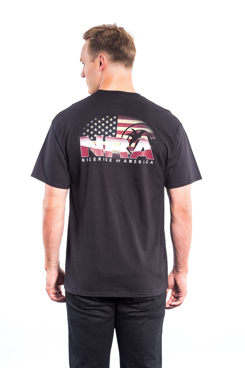 Back view of a black shirt featuring American flag and NICERIDE's NRA design.