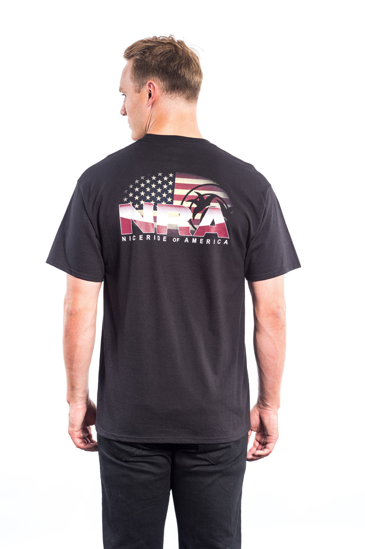 Back view of a black shirt featuring American flag and NICERIDE&