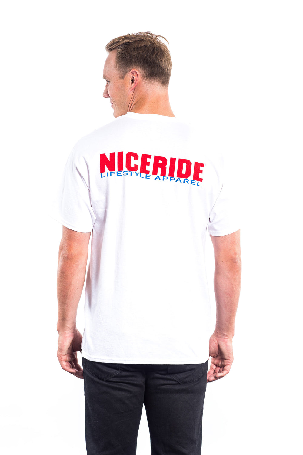 White t-shirt featuring NICERIDE design on back, part of the Podium collection, showcasing style and comfort.